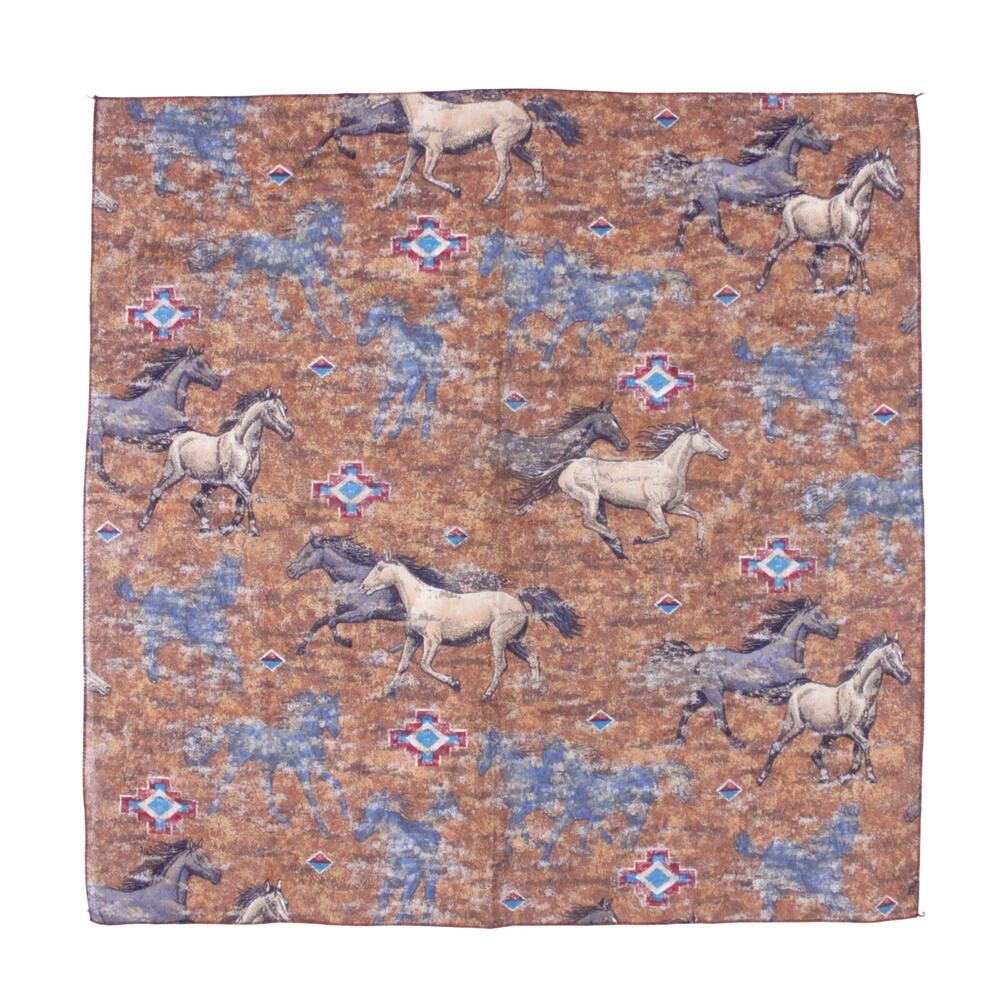 Vintage banada scarf handkerchief horse western cowboy brown 70s 80s 22"x22"